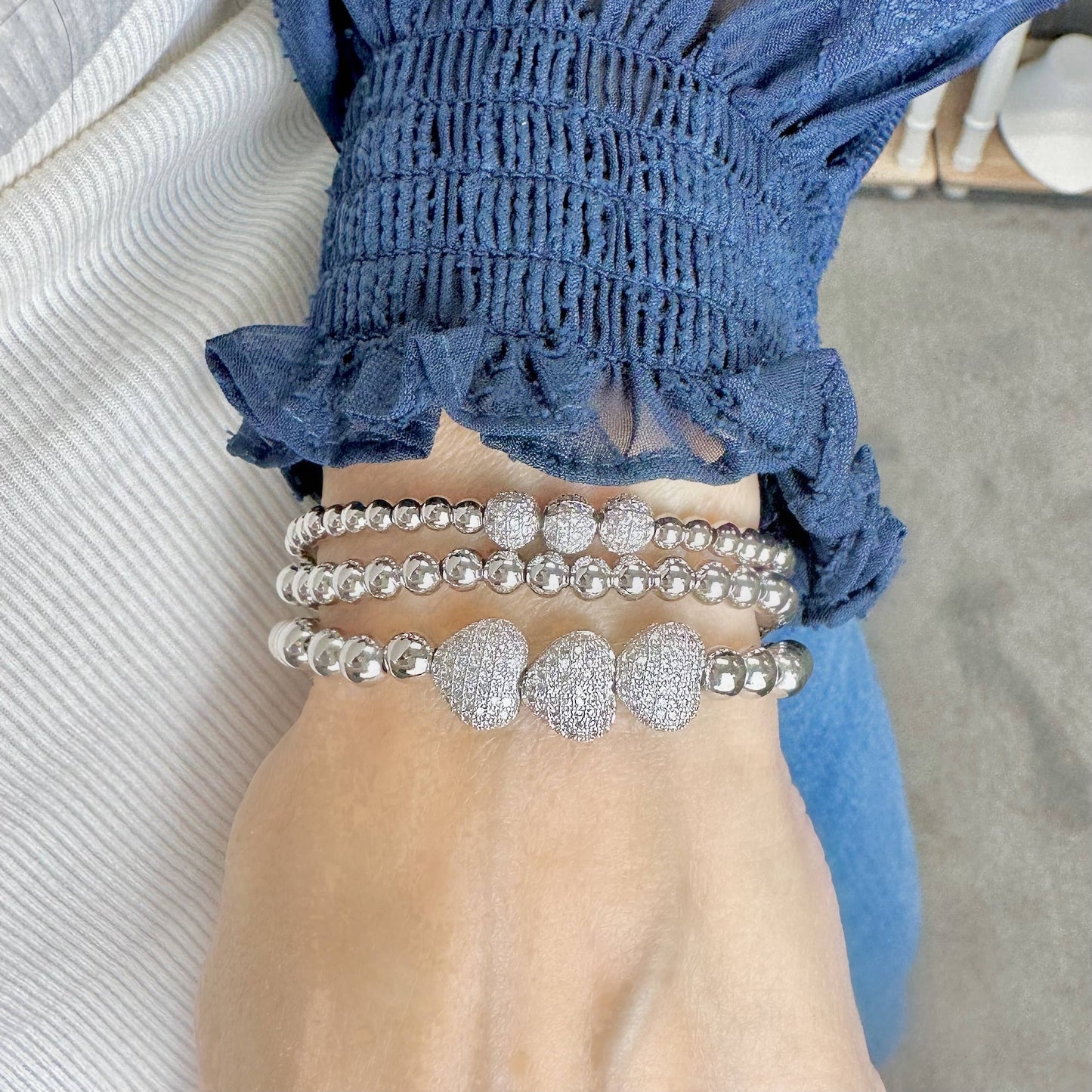 Triple Heart Cubic Zirconia Beaded Stretch Bracelet