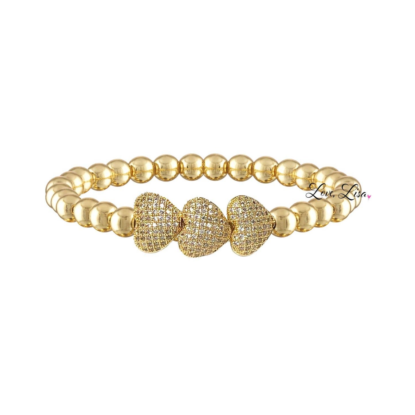Triple Heart Cubic Zirconia Beaded Stretch Bracelet