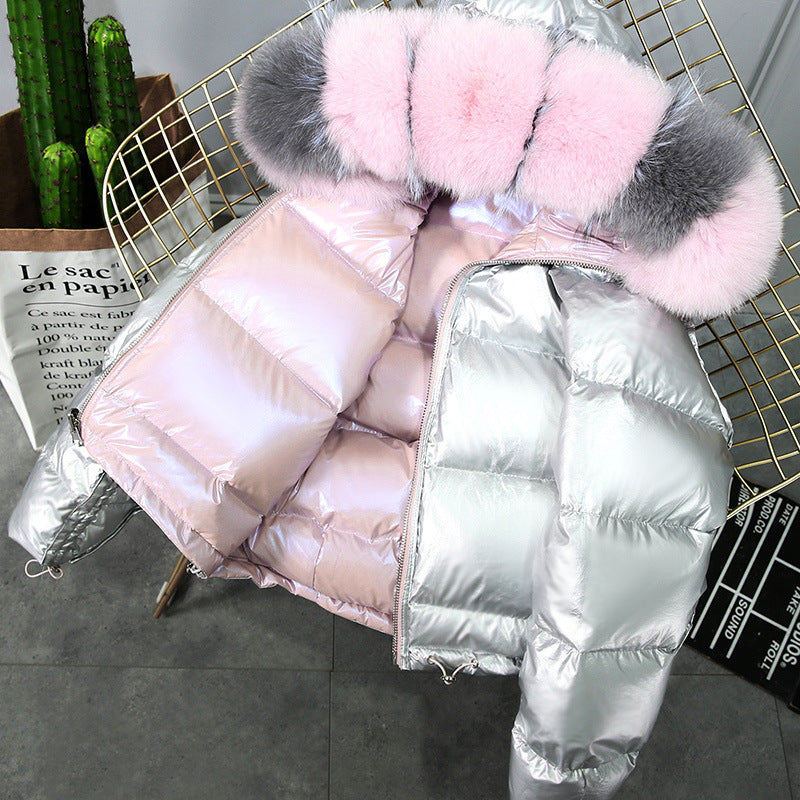 Winter Big Fur Collar Double-sided Wear Net Red Shiny Silver Jacket Female Fox Fur Down Jacket