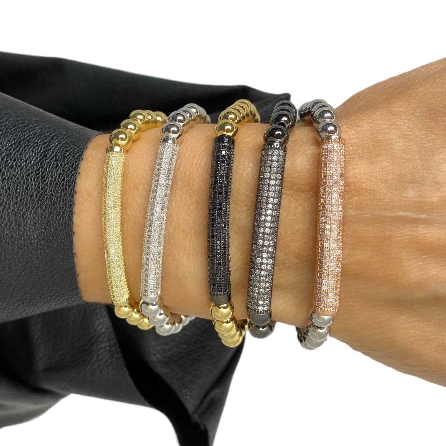 Lexi Pave 6mm Beaded Bar Bracelet