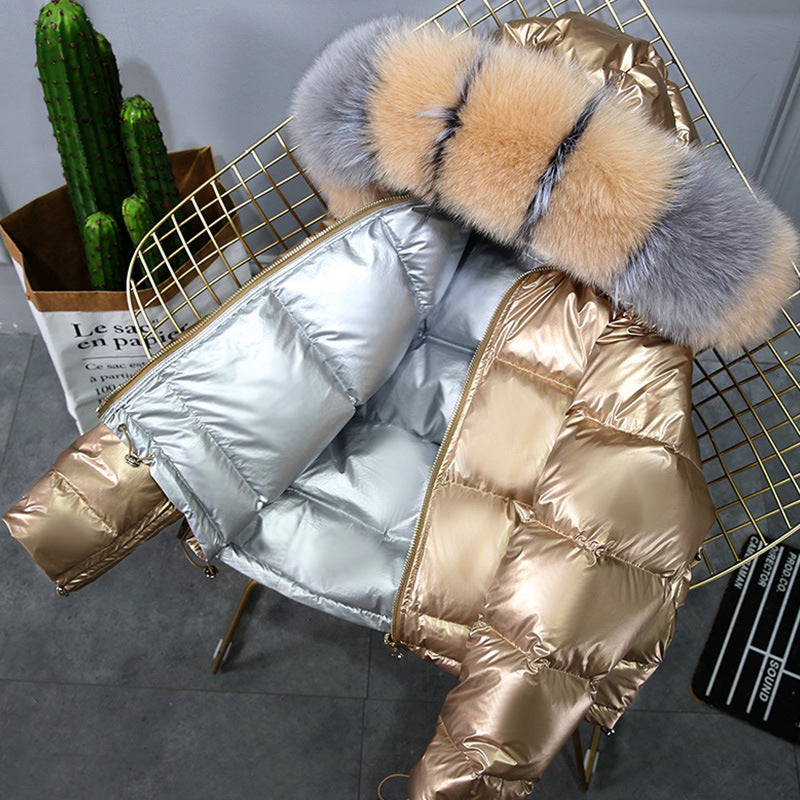 Winter Big Fur Collar Double-sided Wear Net Red Shiny Silver  Jacket Female Fox Fur Down Jacket