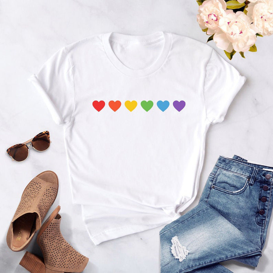 Colorful Heart Print European And American Urban Casual Simple Style T-shirt