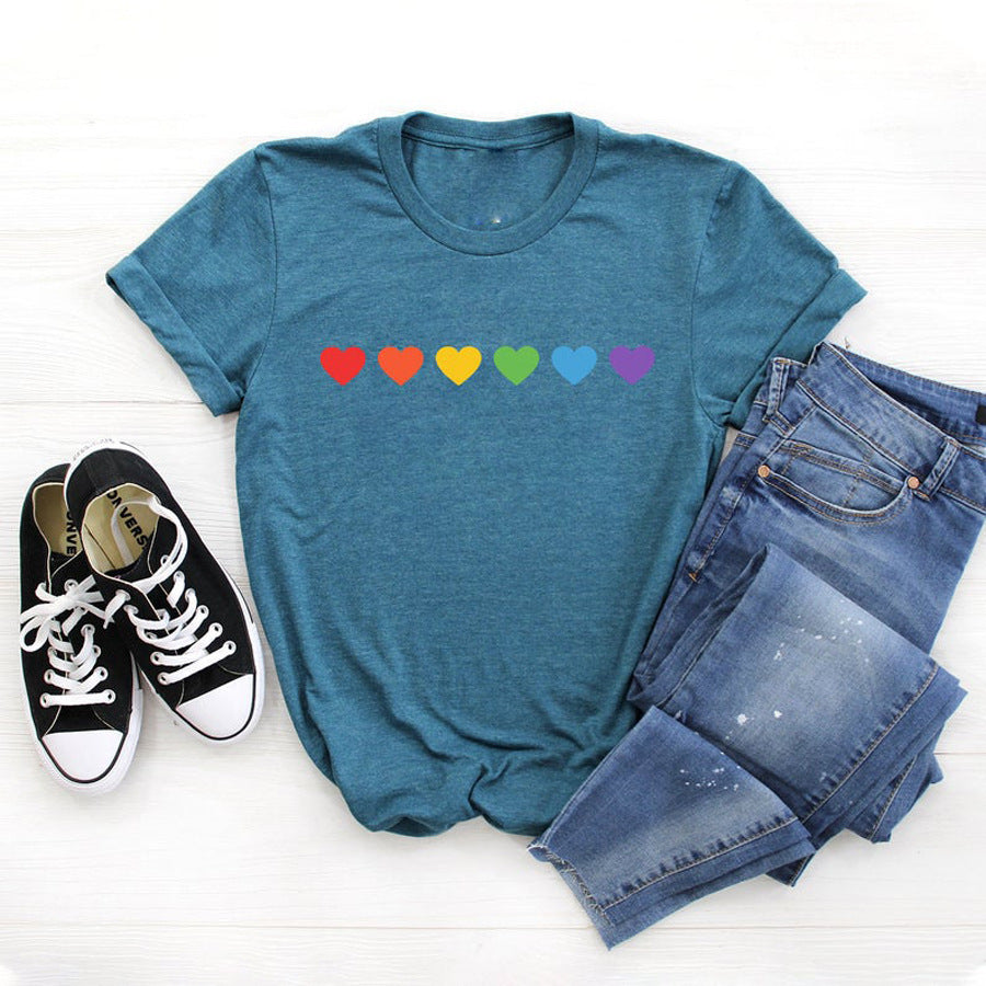 Colorful Heart Print European And American Urban Casual Simple Style T-shirt