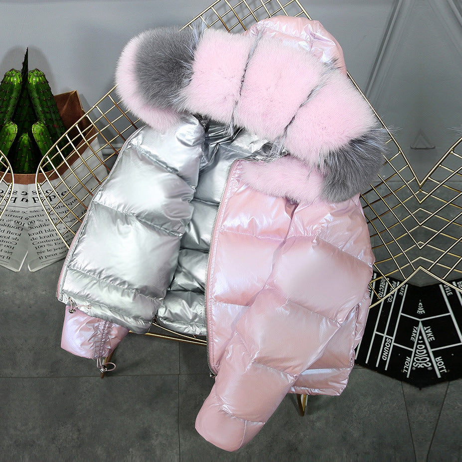 Winter Big Fur Collar Double-sided Wear Net Red Shiny Silver  Jacket Female Fox Fur Down Jacket