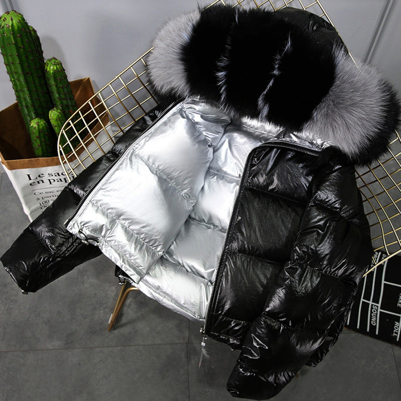 Winter Big Fur Collar Double-sided Wear Net Red Shiny Silver  Jacket Female Fox Fur Down Jacket