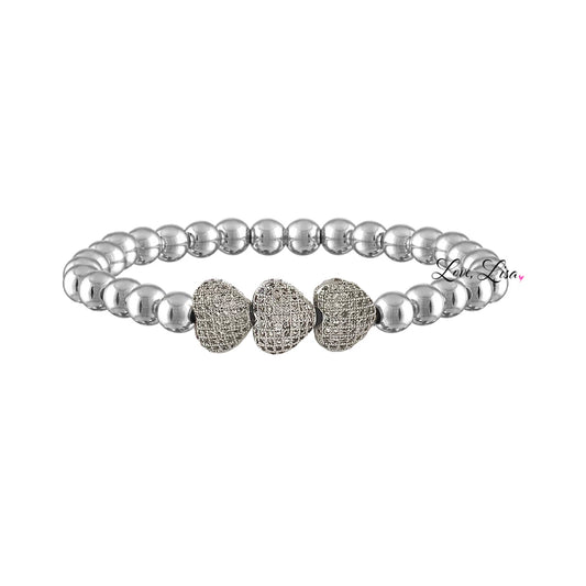 Triple Heart Cubic Zirconia Beaded Stretch Bracelet