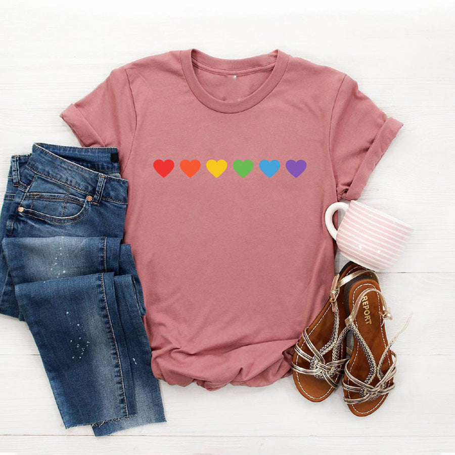 Colorful Heart Print European And American Urban Casual Simple Style T-shirt